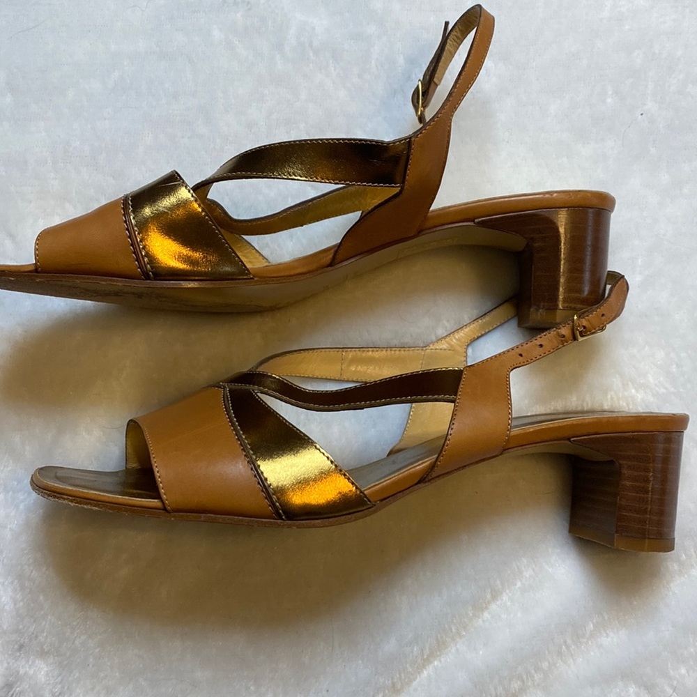 Lorbac Tan and Gold Strappy Slingback Sandals Sz 38.5/8.5